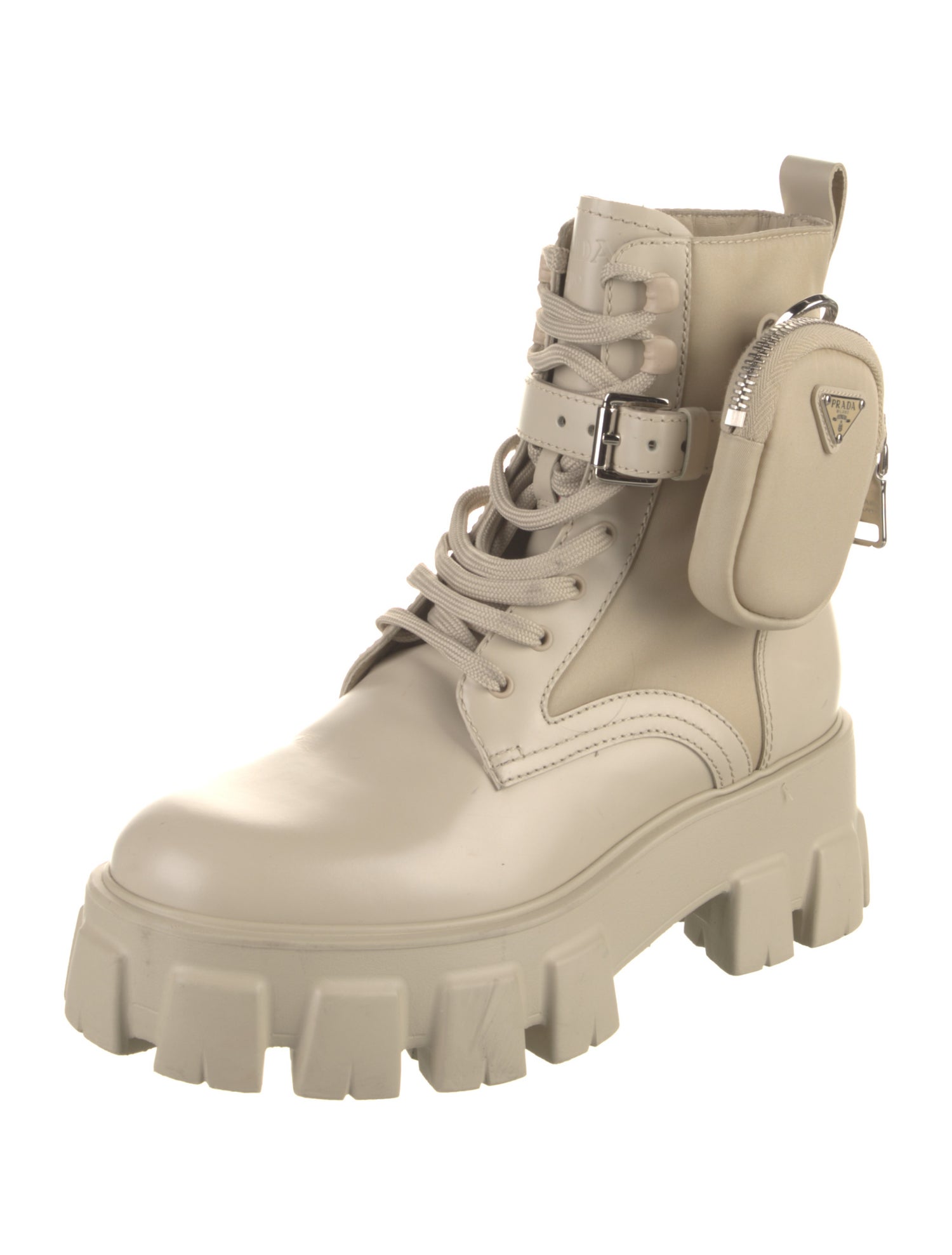 Prada Enameled Metal Triangle Leather Combat Boots